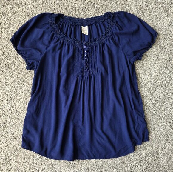 Faded Glory Tops - Faded Glory Navy Blue Peasant Blouse Puff Sleeve Rayon Top XL 16-18 Boho
